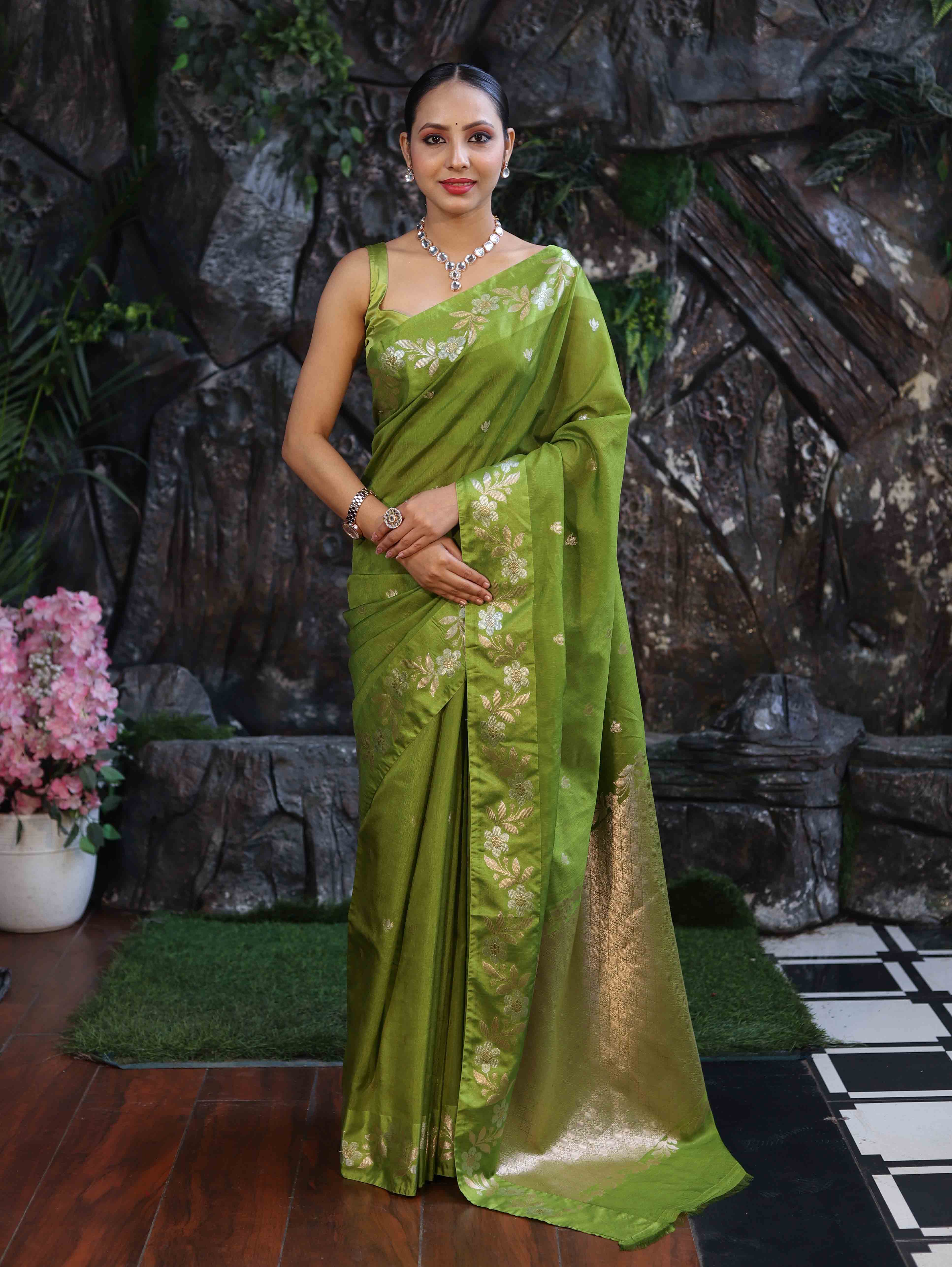 Banarasee Handloom Semi Silk Saree With Sona Rupa Zari Buti Design & Floral Border-Lime Green