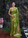 Banarasee Handloom Semi Silk Saree With Sona Rupa Zari Buti Design & Floral Border-Lime Green