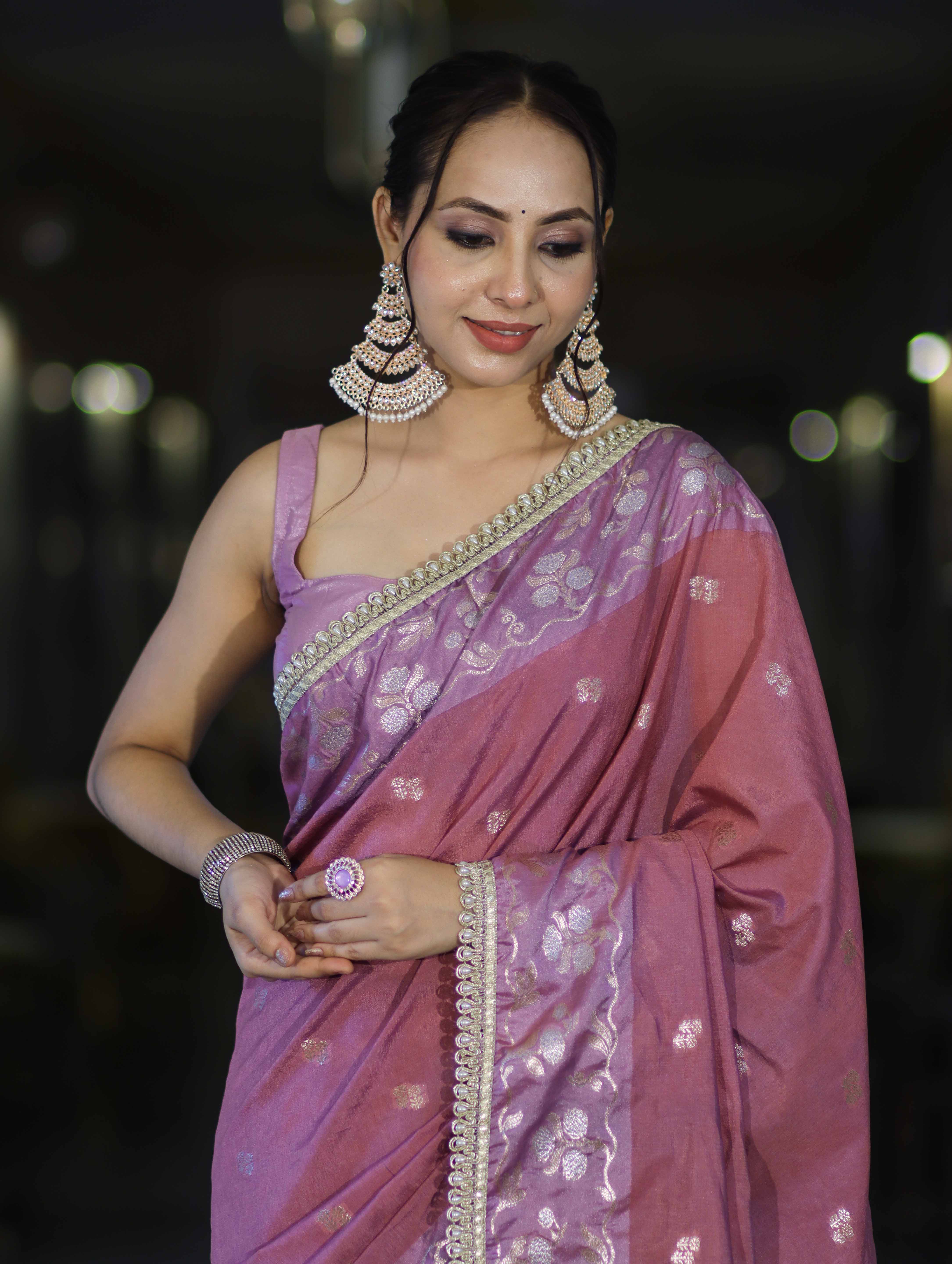 Banarasee Handloom Semi Silk Saree With Buti Design Zari Border & Lace-Dusty Pink