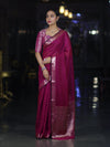 Banarasee Cotton Silk Plain Saree With Floral Zari Border-Magenta