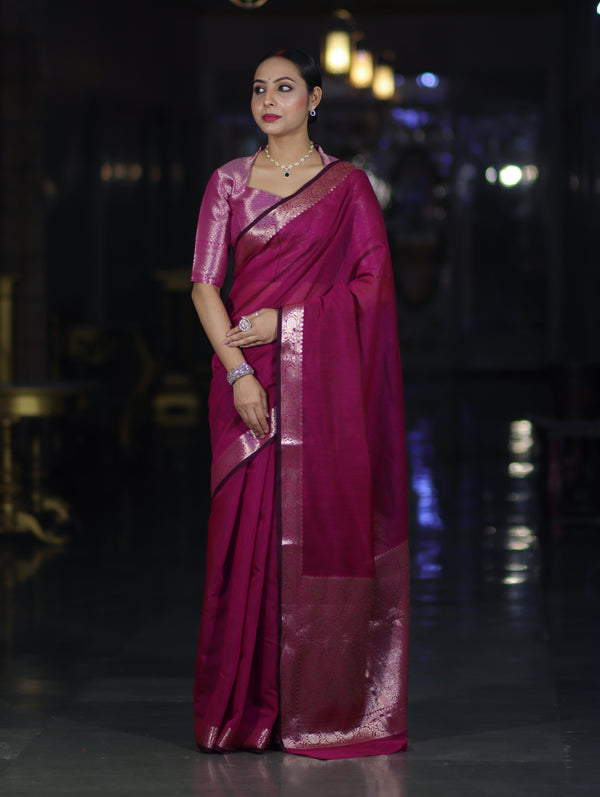 Banarasee Cotton Silk Plain Saree With Floral Zari Border-Magenta