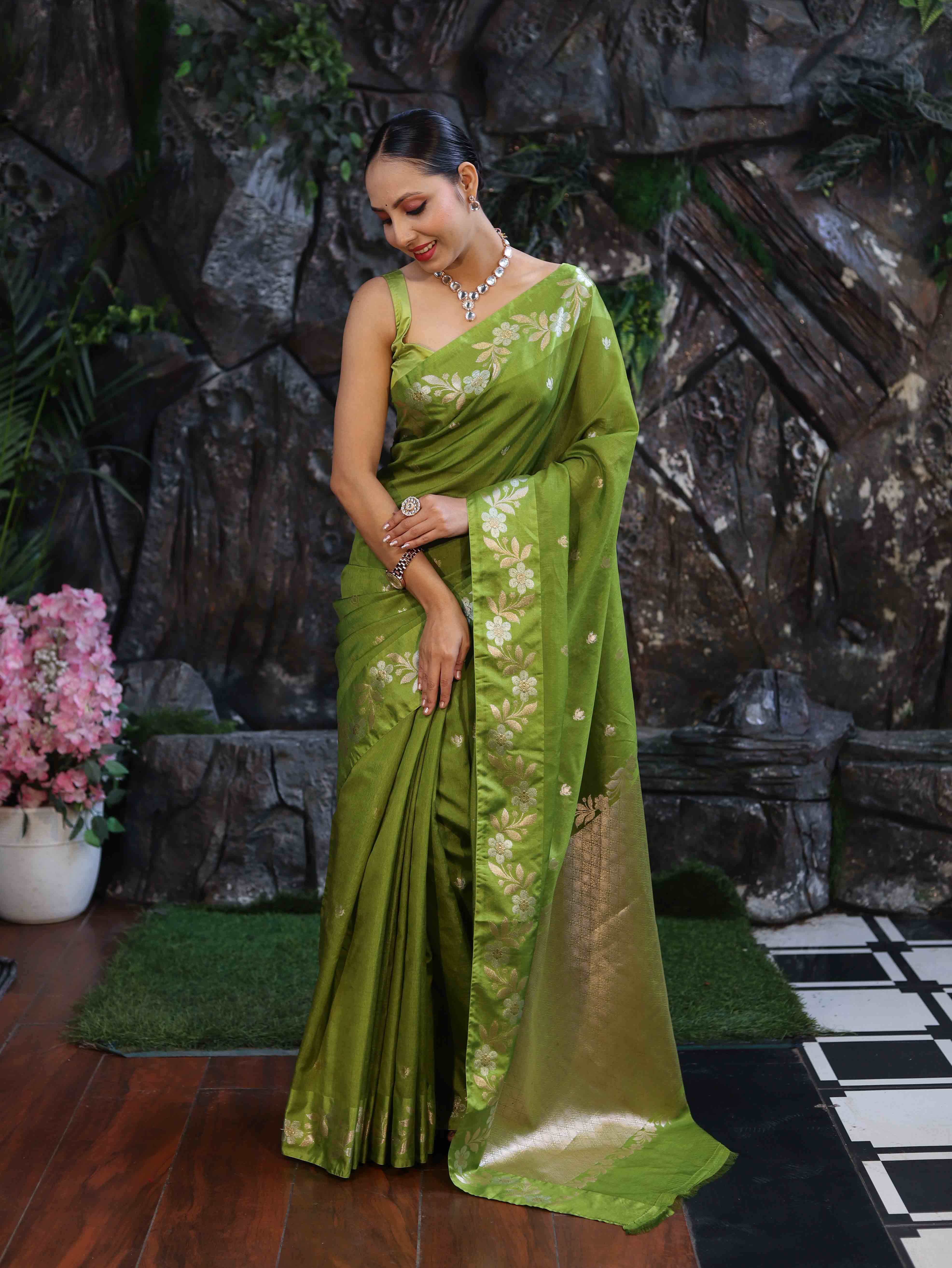 Banarasee Handloom Semi Silk Saree With Sona Rupa Zari Buti Design & Floral Border-Lime Green