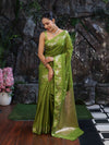 Banarasee Handloom Semi Silk Saree With Sona Rupa Zari Buti Design & Floral Border-Lime Green