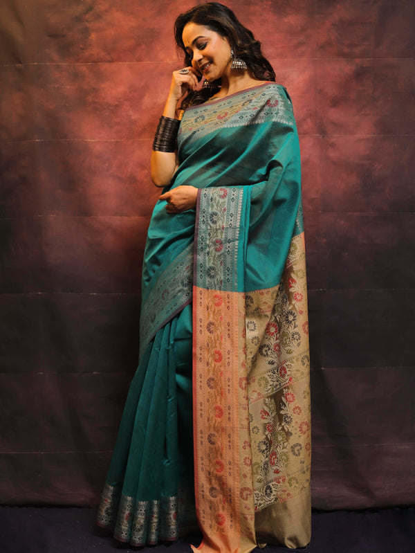 Banarasee Cotton Silk Saree With Resham Border & Pallu-Green