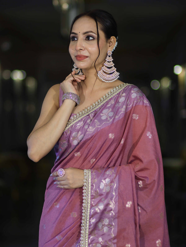 Banarasee Handloom Semi Silk Saree With Buti Design Zari Border & Lace-Dusty Pink