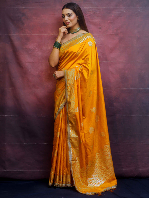Banarasee Handwoven Semi Silk Saree With Zari Border & Lace-Mustard Yellow