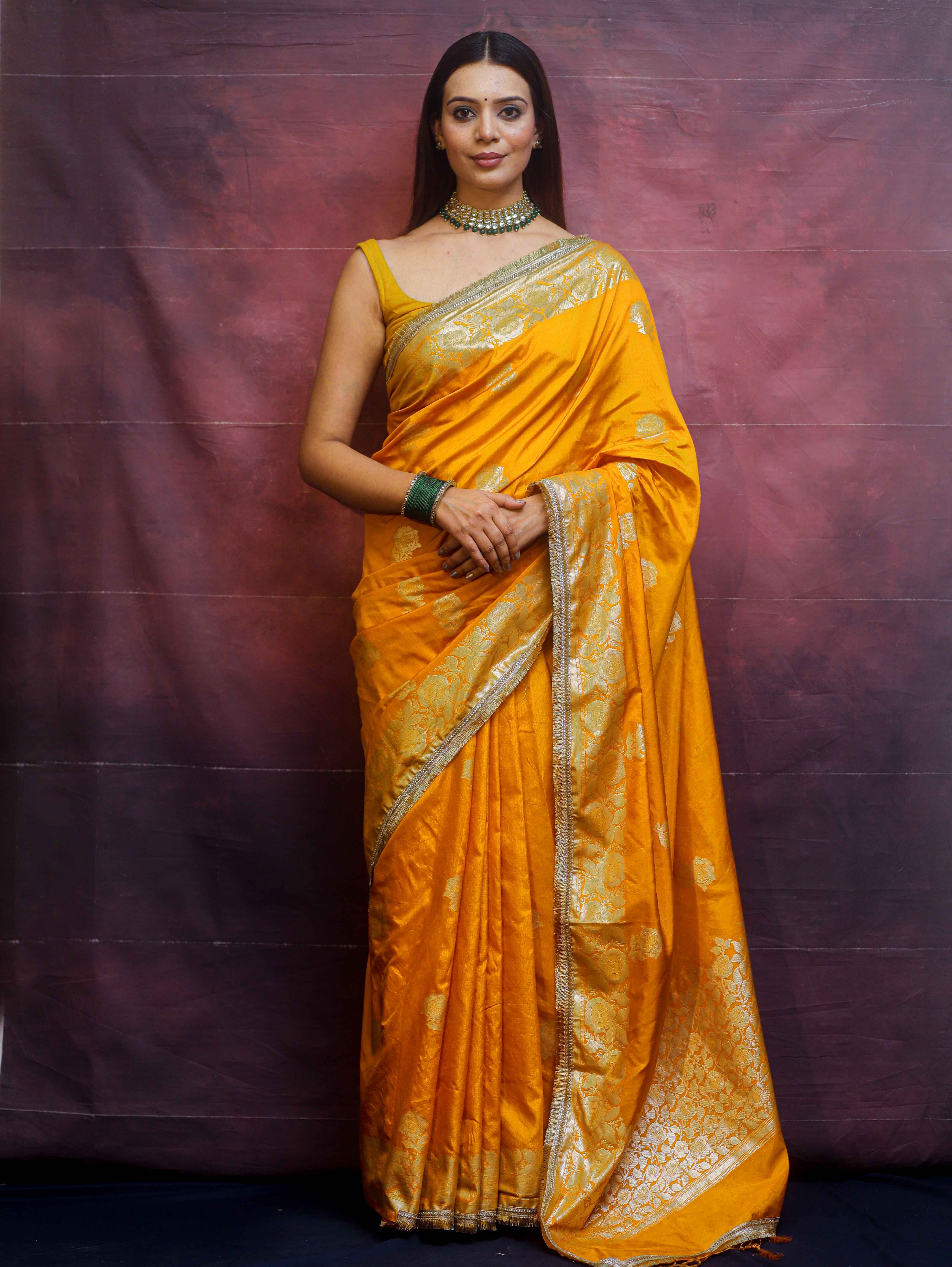 Banarasee Handwoven Semi Silk Saree With Zari Border & Lace-Mustard Yellow
