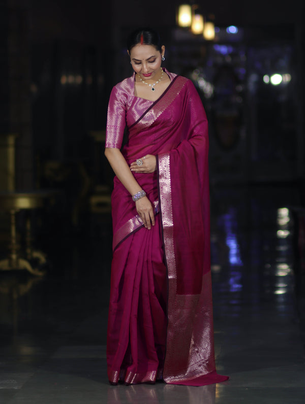 Banarasee Cotton Silk Plain Saree With Floral Zari Border-Magenta