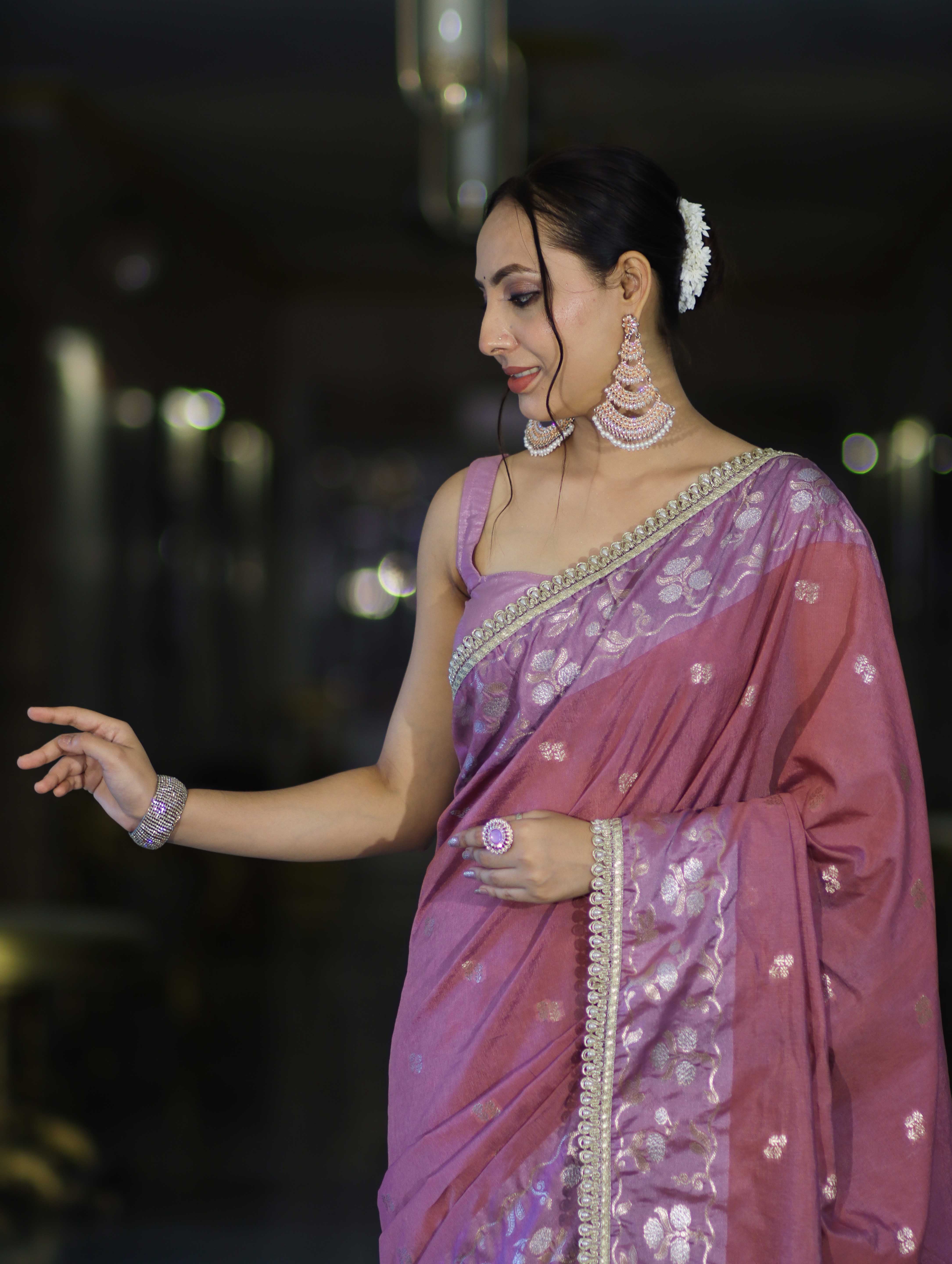 Banarasee Handloom Semi Silk Saree With Buti Design Zari Border & Lace-Dusty Pink
