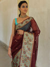Banarasee Organza Mix Saree With Contrast Zari Meena Border-Maroon