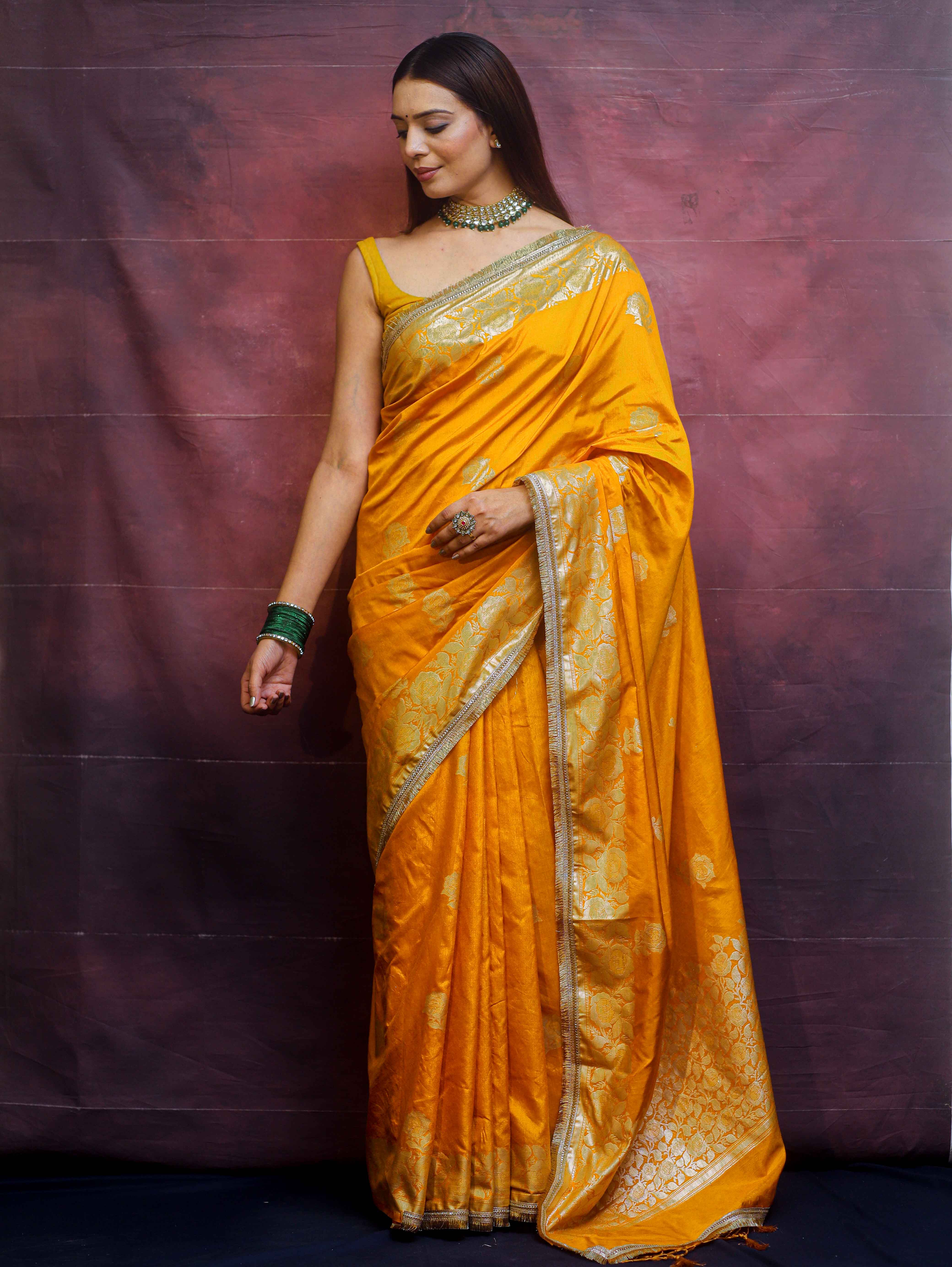 Banarasee Handwoven Semi Silk Saree With Zari Border & Lace-Mustard Yellow