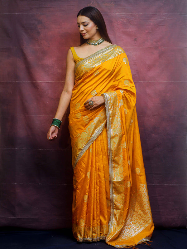 Banarasee Handwoven Semi Silk Saree With Zari Border & Lace-Mustard Yellow