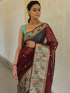 Banarasee Organza Mix Saree With Contrast Zari Meena Border-Maroon