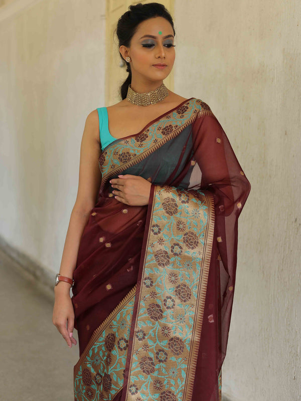Banarasee Organza Mix Saree With Contrast Zari Meena Border-Maroon