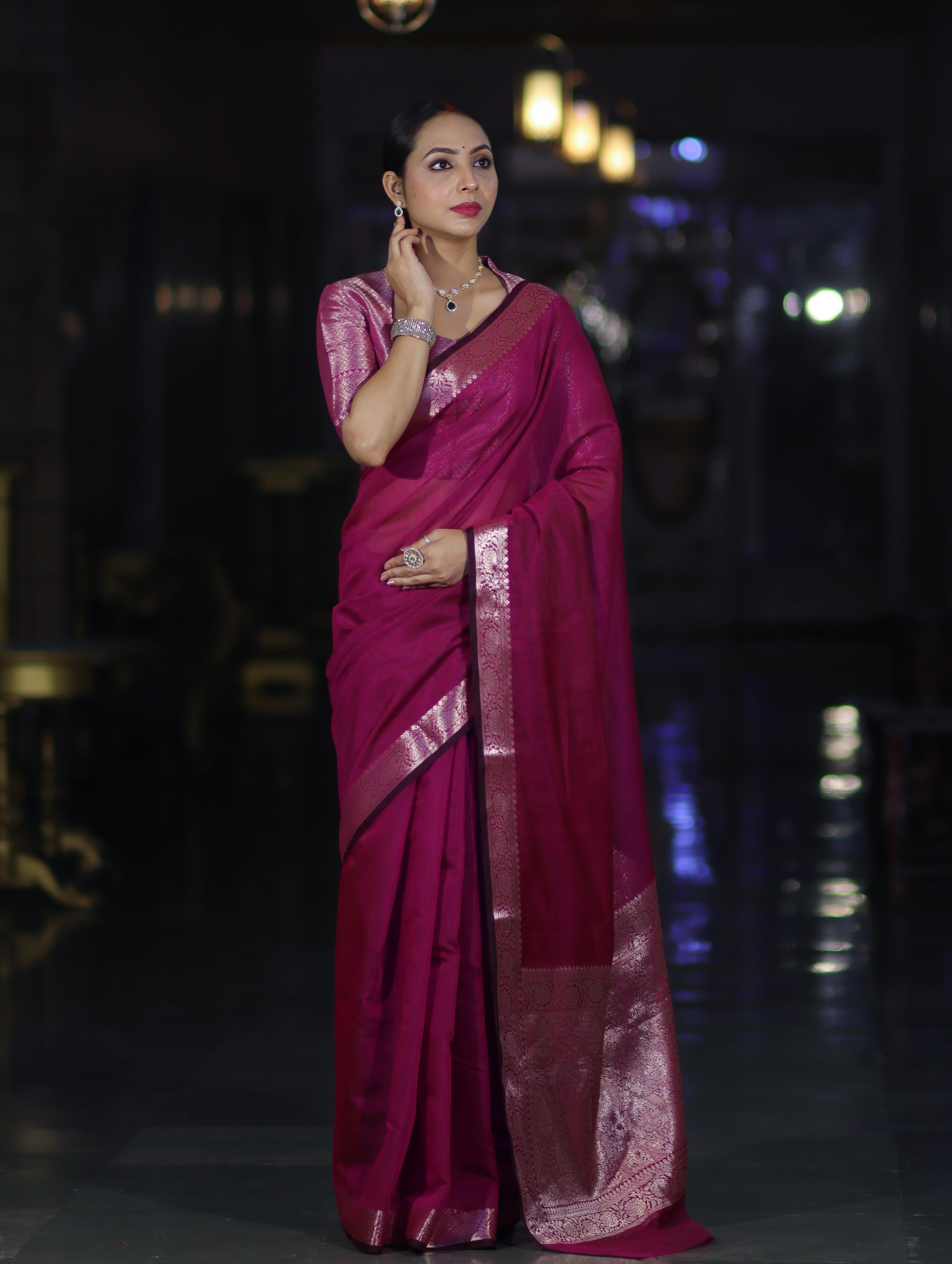 Banarasee Cotton Silk Plain Saree With Floral Zari Border-Magenta
