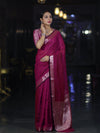 Banarasee Cotton Silk Plain Saree With Floral Zari Border-Magenta