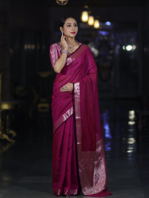 Banarasee Cotton Silk Plain Saree With Floral Zari Border-Magenta