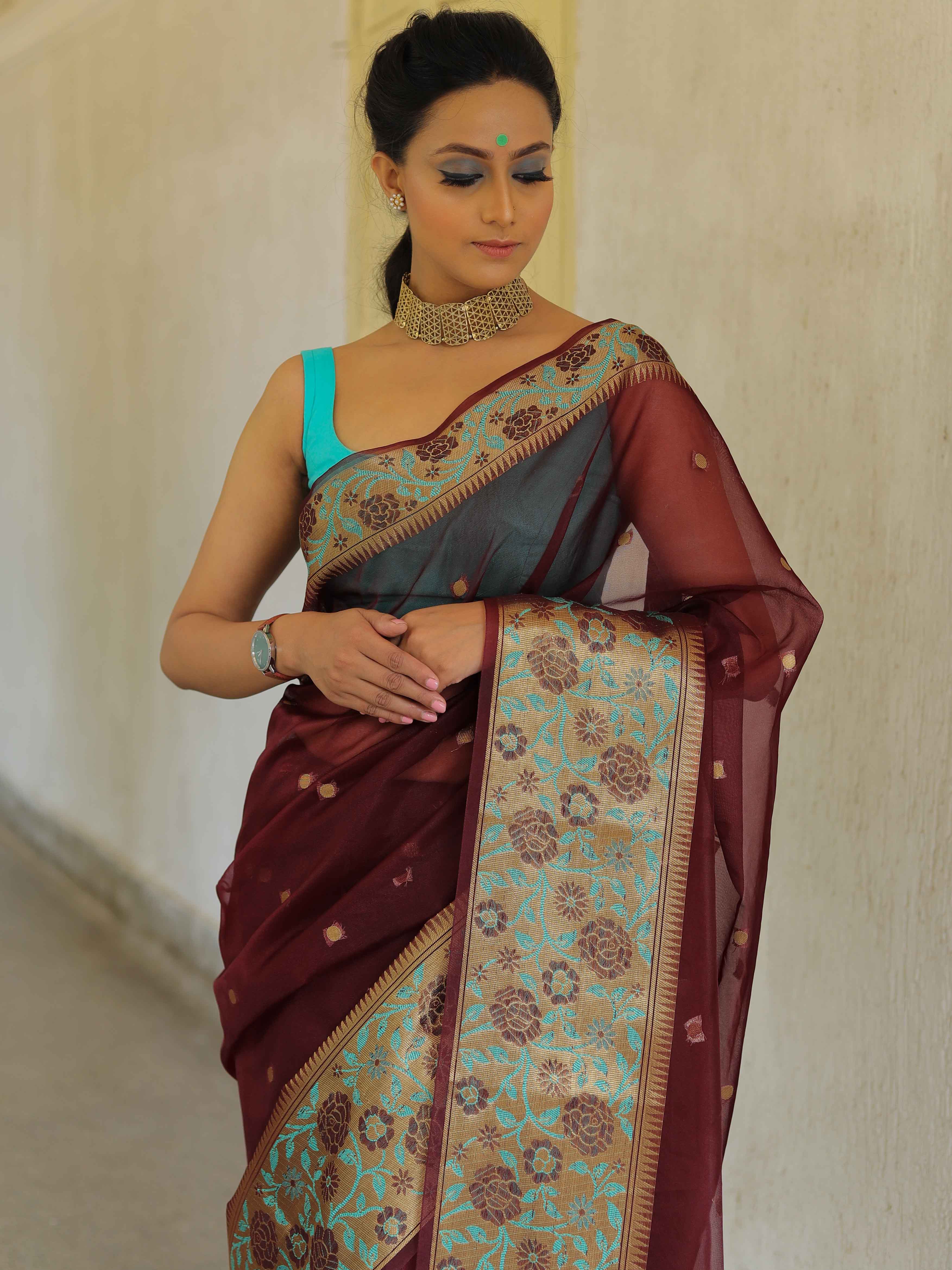 Banarasee Organza Mix Saree With Contrast Zari Meena Border-Maroon