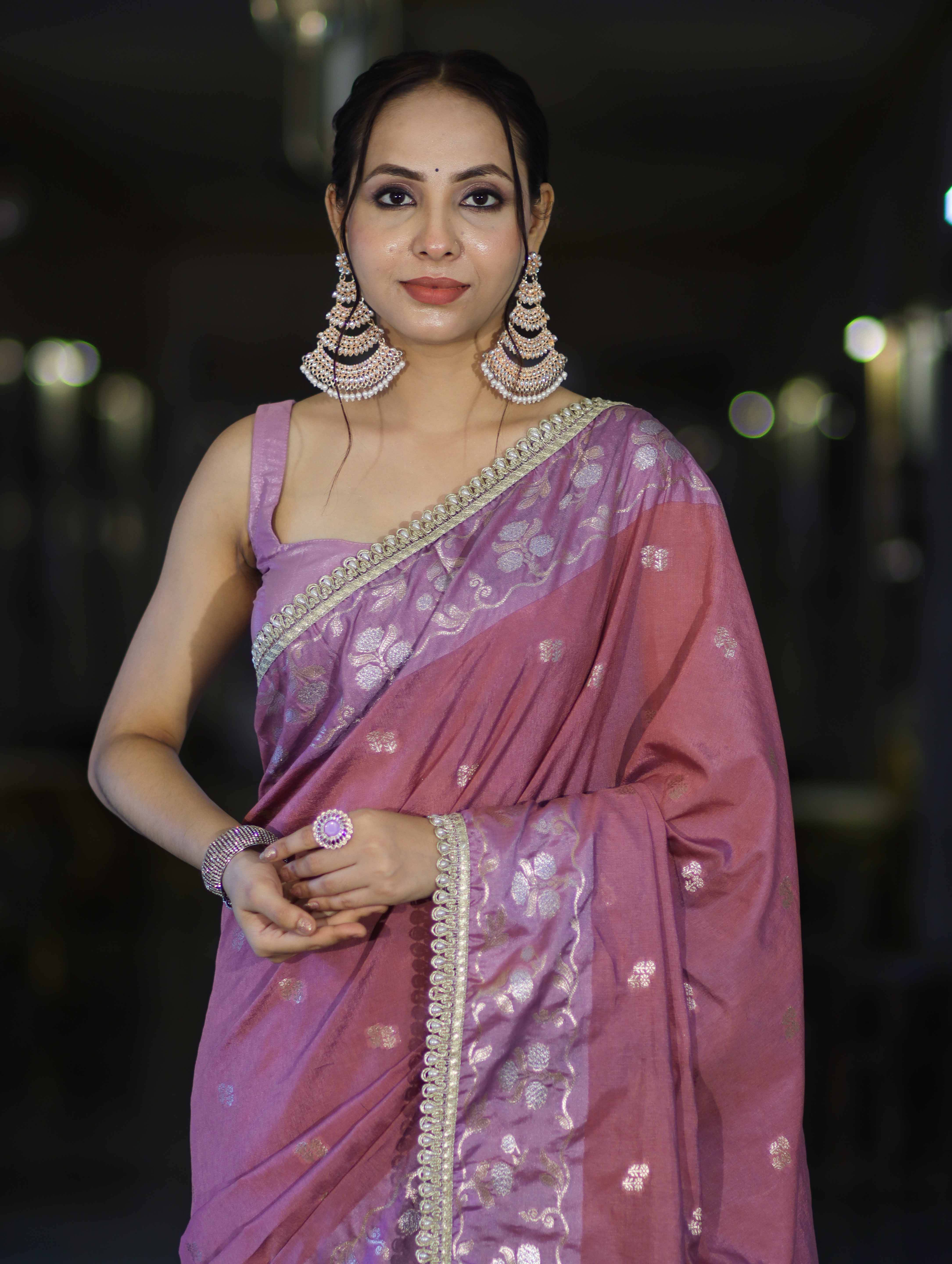 Banarasee Handloom Semi Silk Saree With Buti Design Zari Border & Lace-Dusty Pink