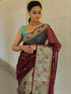 Banarasee Organza Mix Saree With Contrast Zari Meena Border-Maroon