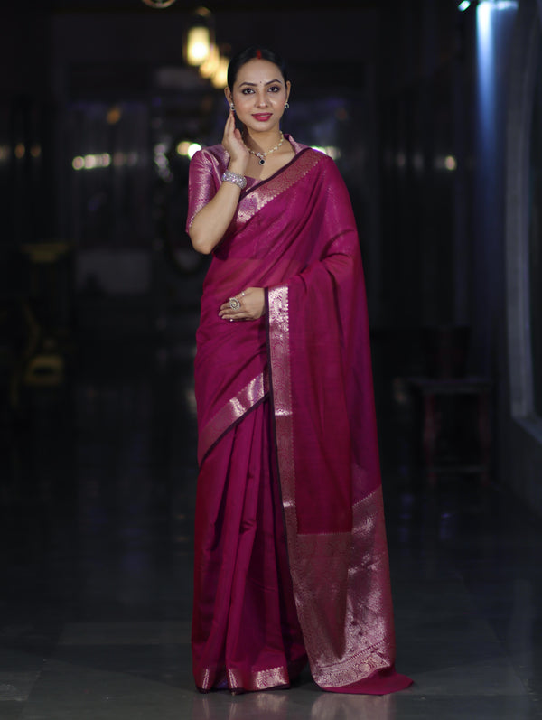 Banarasee Cotton Silk Plain Saree With Floral Zari Border-Magenta