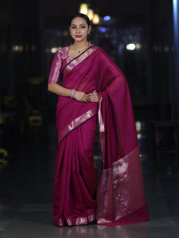 Banarasee Cotton Silk Plain Saree With Floral Zari Border-Magenta