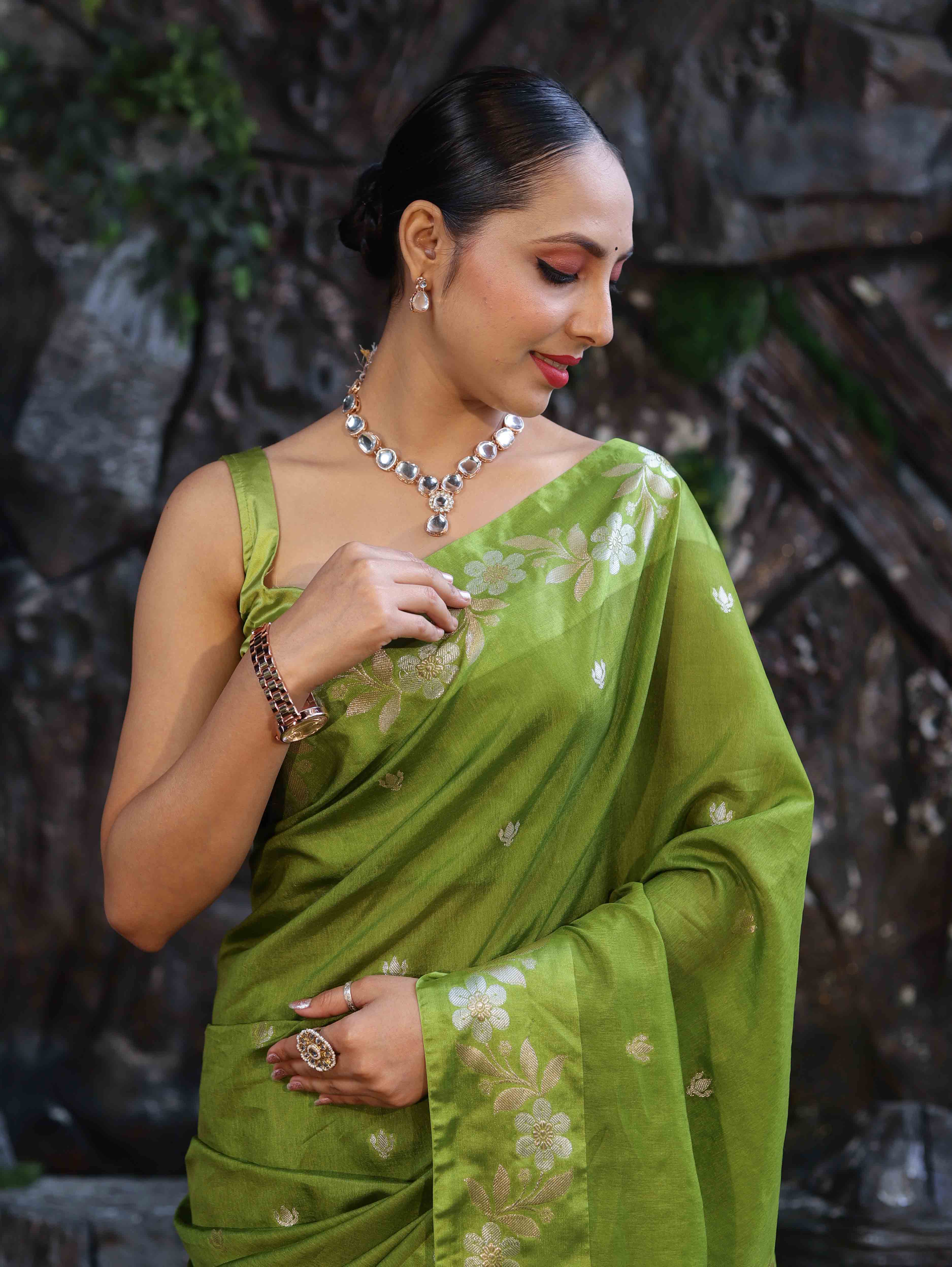Banarasee Handloom Semi Silk Saree With Sona Rupa Zari Buti Design & Floral Border-Lime Green