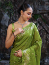 Banarasee Handloom Semi Silk Saree With Sona Rupa Zari Buti Design & Floral Border-Lime Green