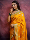 Banarasee Handwoven Semi Silk Saree With Zari Border & Lace-Mustard Yellow