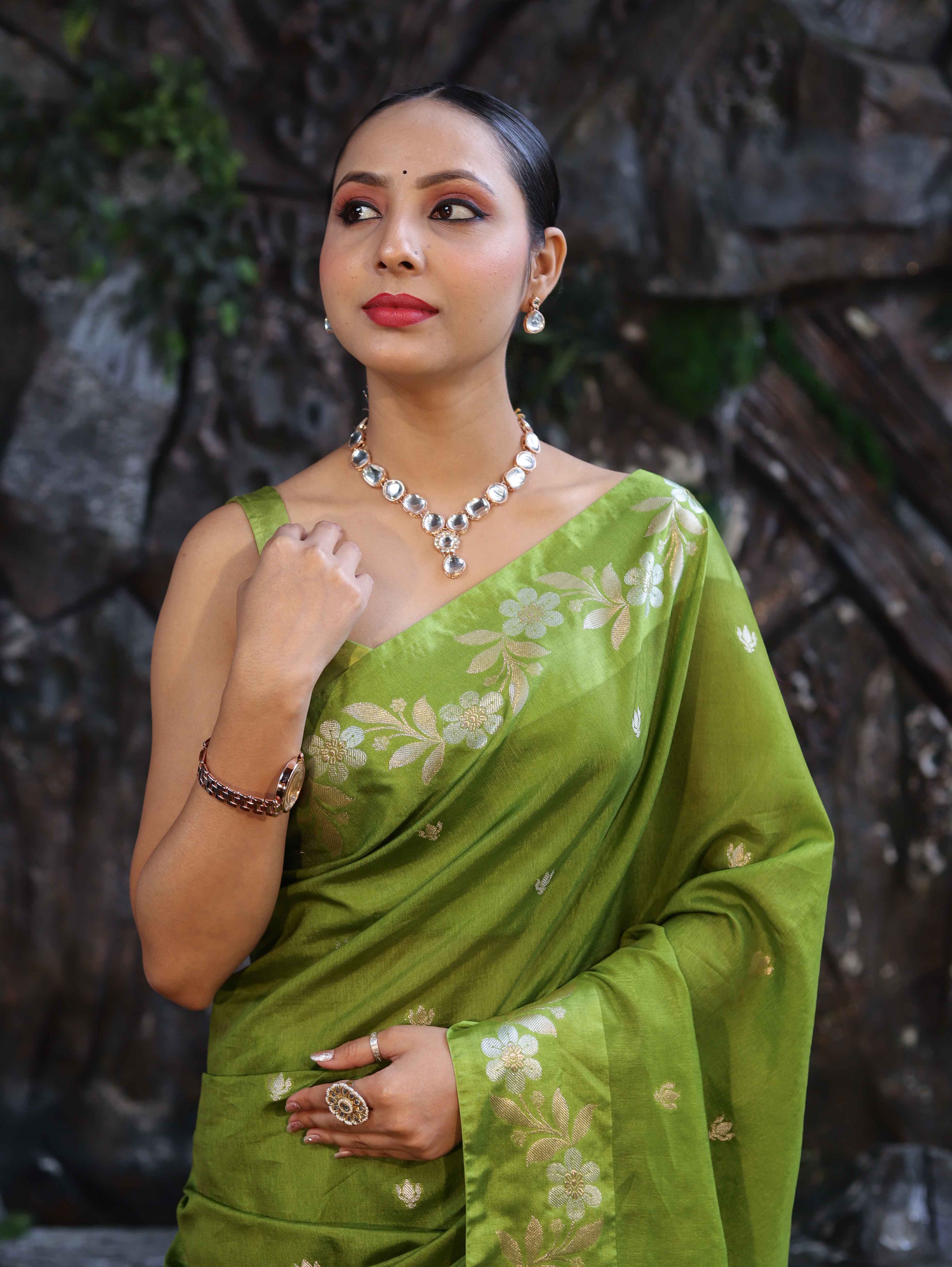 Banarasee Handloom Semi Silk Saree With Sona Rupa Zari Buti Design & Floral Border-Lime Green