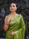 Banarasee Handloom Semi Silk Saree With Sona Rupa Zari Buti Design & Floral Border-Lime Green
