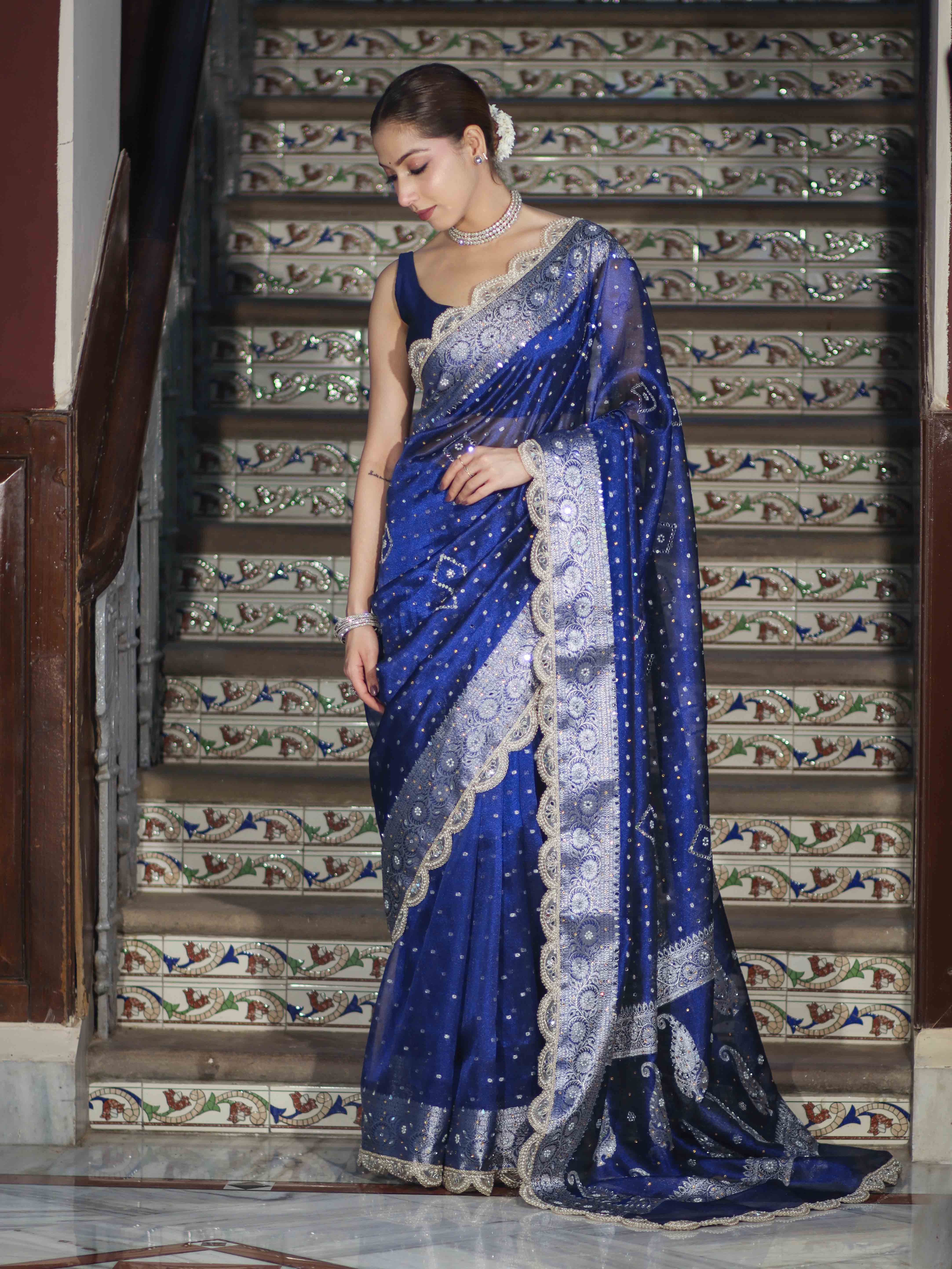 Banarasee Tissue Hand Embroidered Mirror Work Saree With Pearl Motifs & Swarovski Work-Blue
