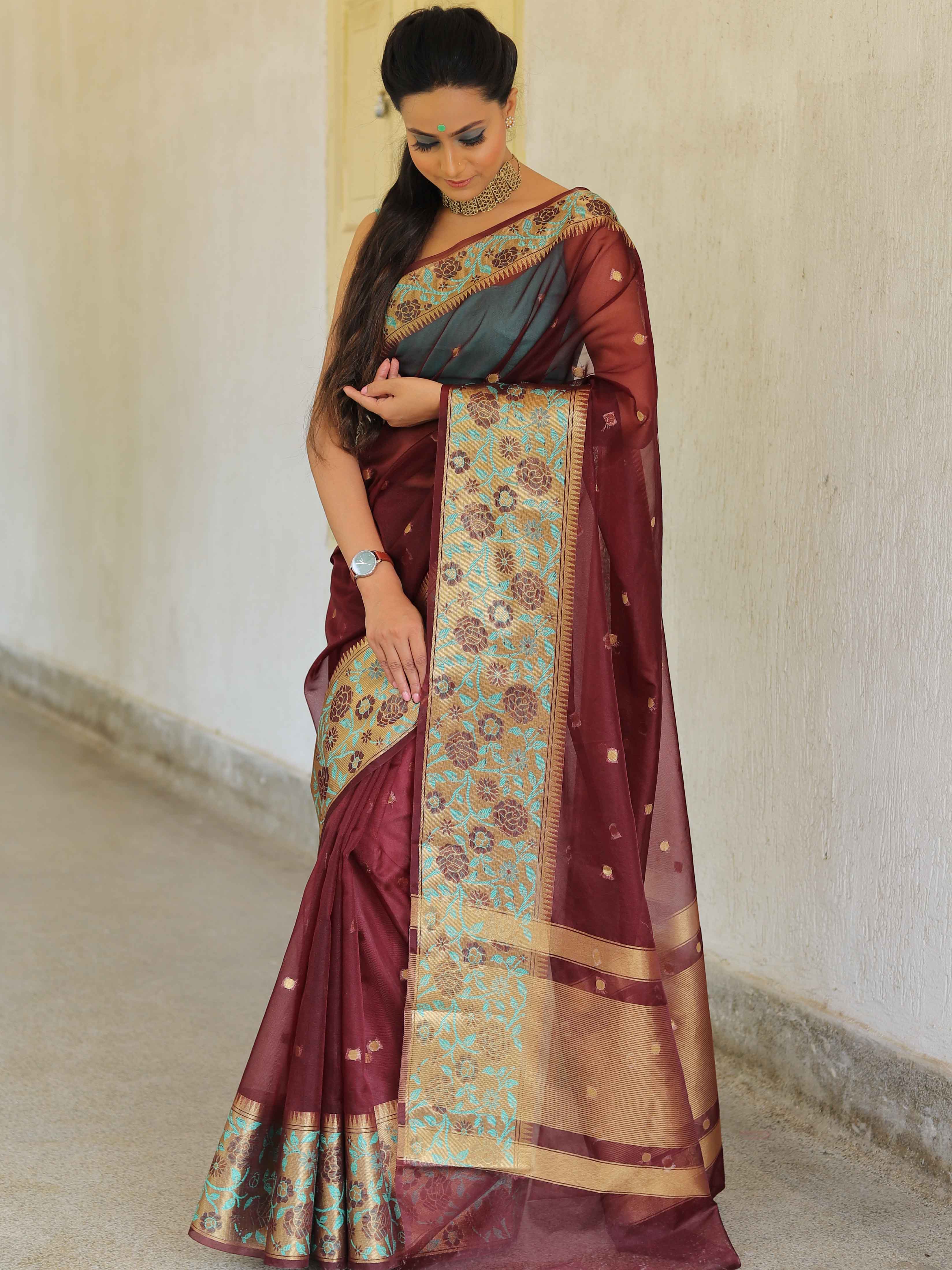 Banarasee Organza Mix Saree With Contrast Zari Meena Border-Maroon