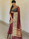 Banarasee Organza Mix Saree With Contrast Zari Meena Border-Maroon