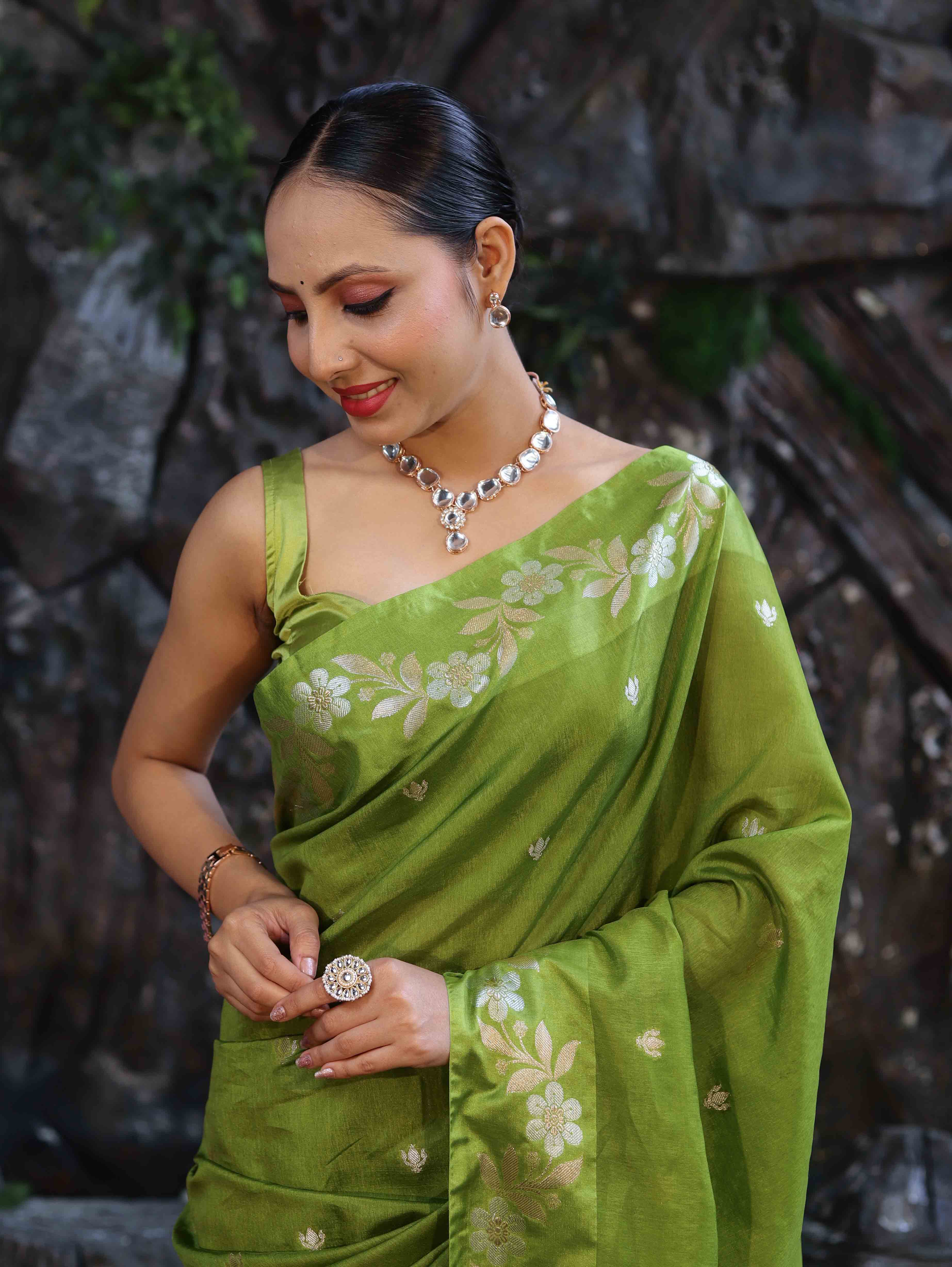 Banarasee Handloom Semi Silk Saree With Sona Rupa Zari Buti Design & Floral Border-Lime Green