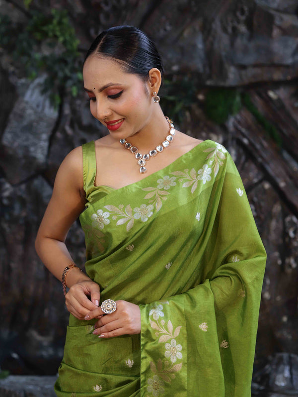 Banarasee Handloom Semi Silk Saree With Sona Rupa Zari Buti Design & Floral Border-Lime Green