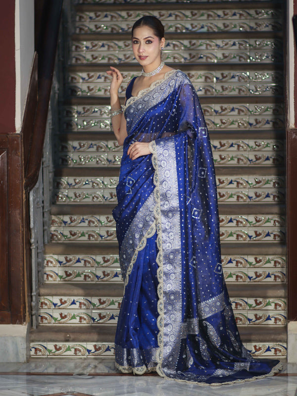 Banarasee Tissue Hand Embroidered Mirror Work Saree With Pearl Motifs & Swarovski Work-Blue