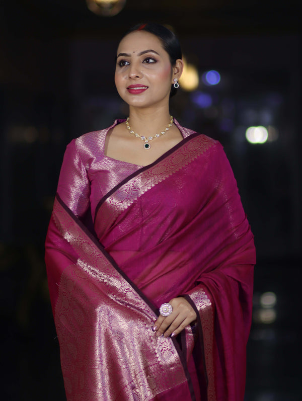 Banarasee Cotton Silk Plain Saree With Floral Zari Border-Magenta