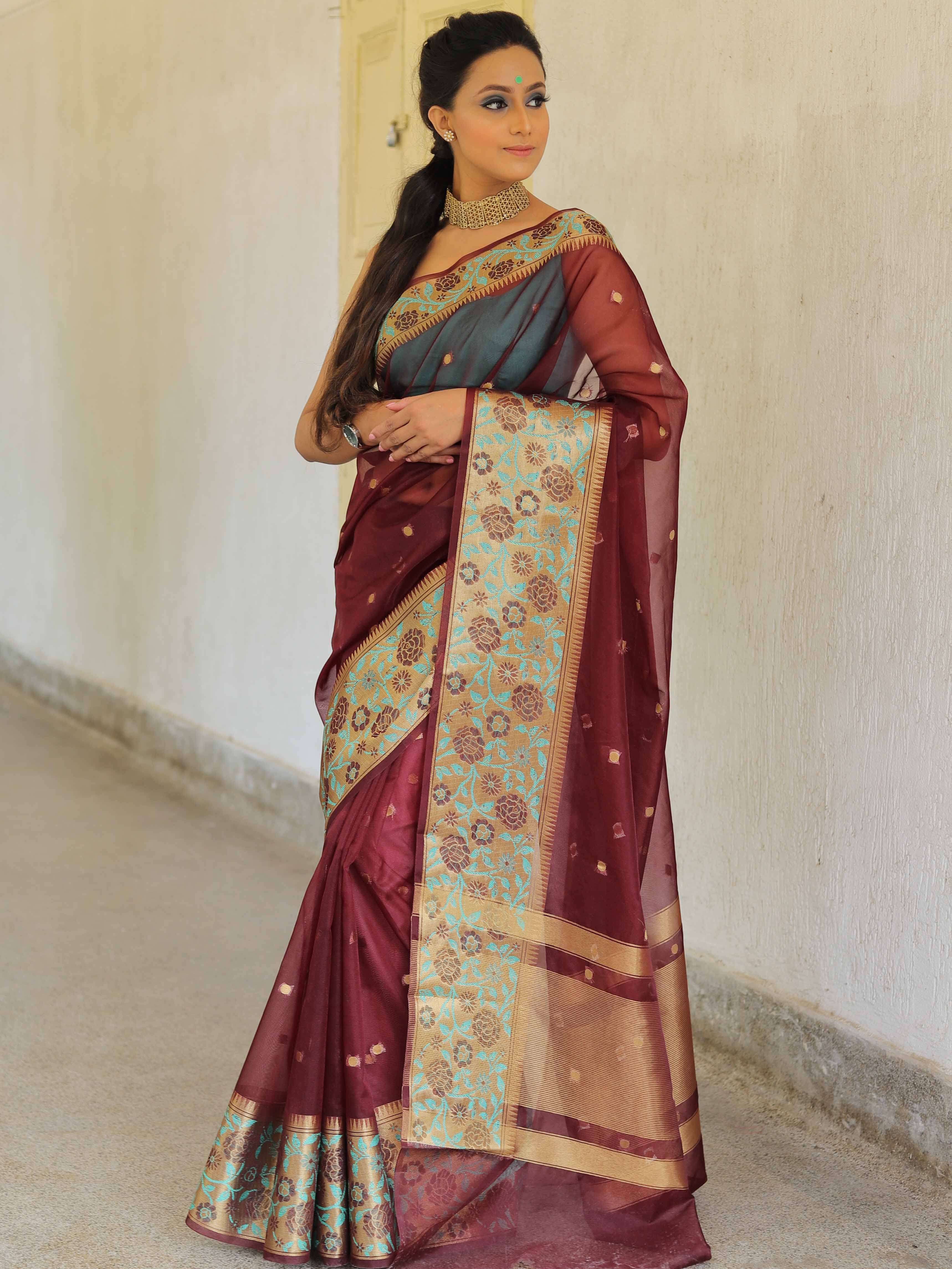 Banarasee Organza Mix Saree With Contrast Zari Meena Border-Maroon