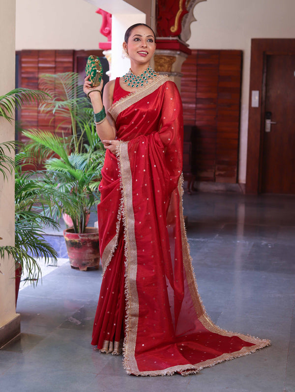 Banarasee Handwoven Tissue Saree With Zari Buti Design & Lace-Red
