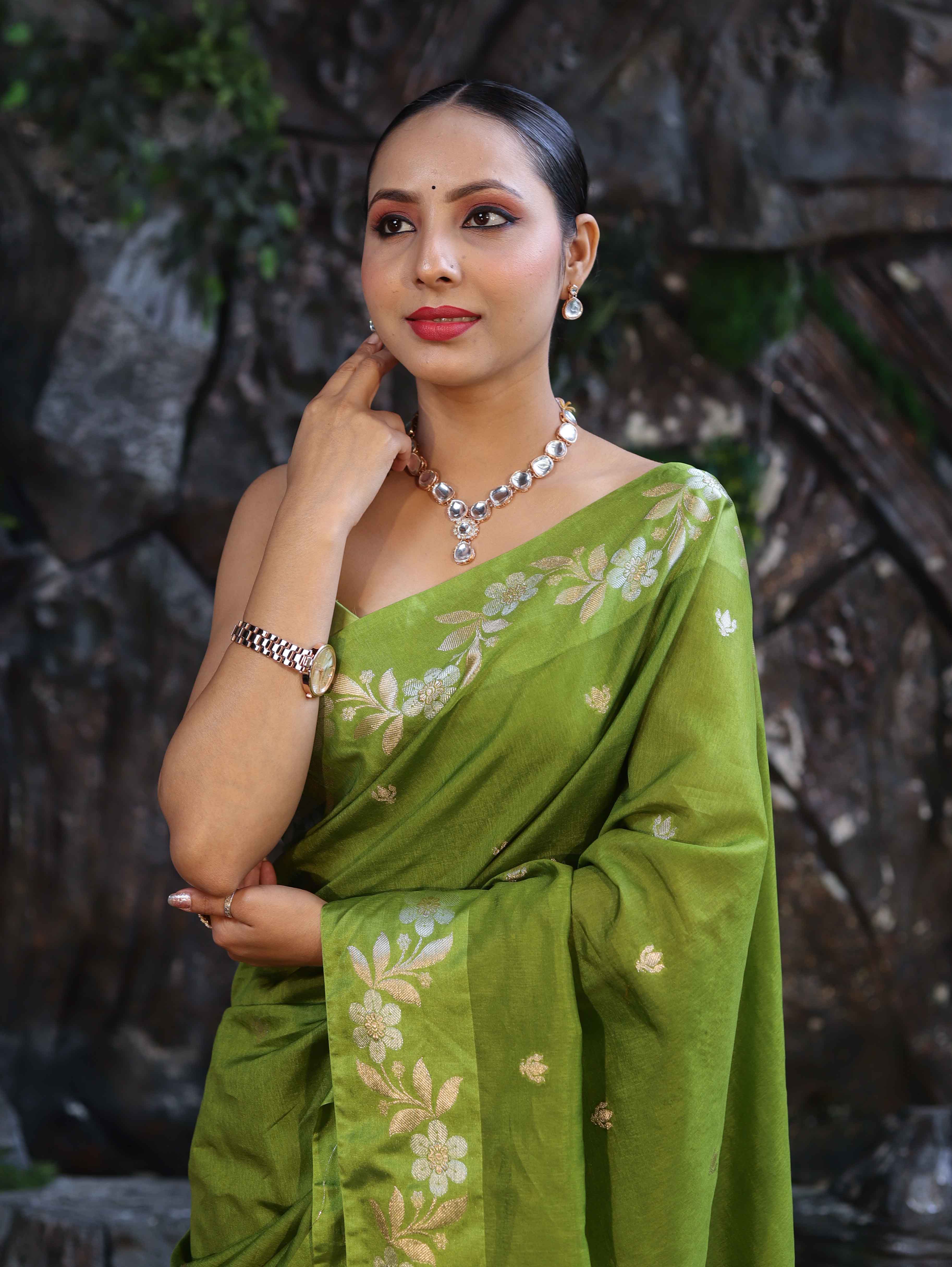 Banarasee Handloom Semi Silk Saree With Sona Rupa Zari Buti Design & Floral Border-Lime Green