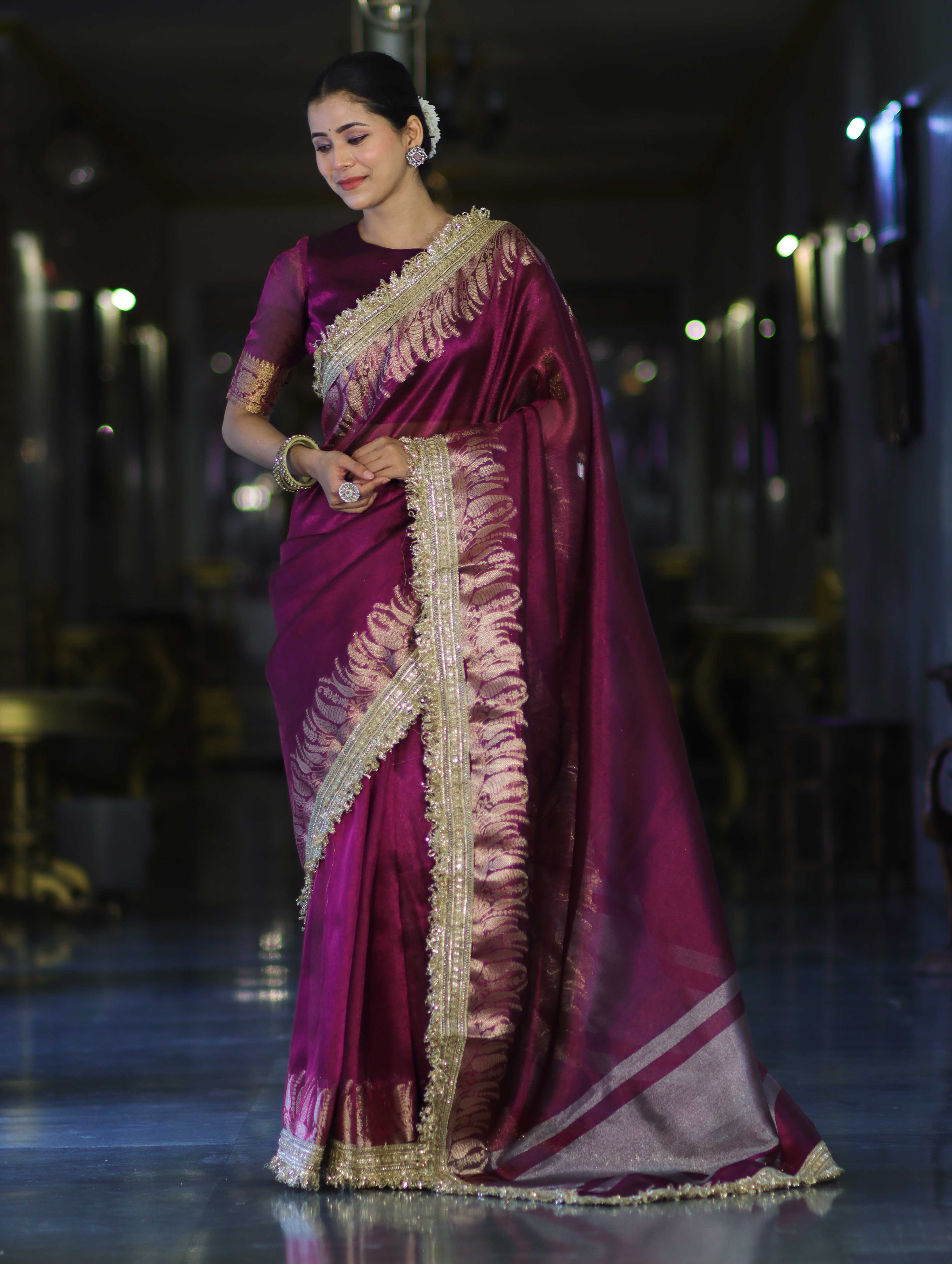 Banarasee Handloom Plain Tissue Saree With Zari Border & Lace-Purple