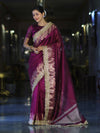 Banarasee Handloom Plain Tissue Saree With Zari Border & Lace-Purple
