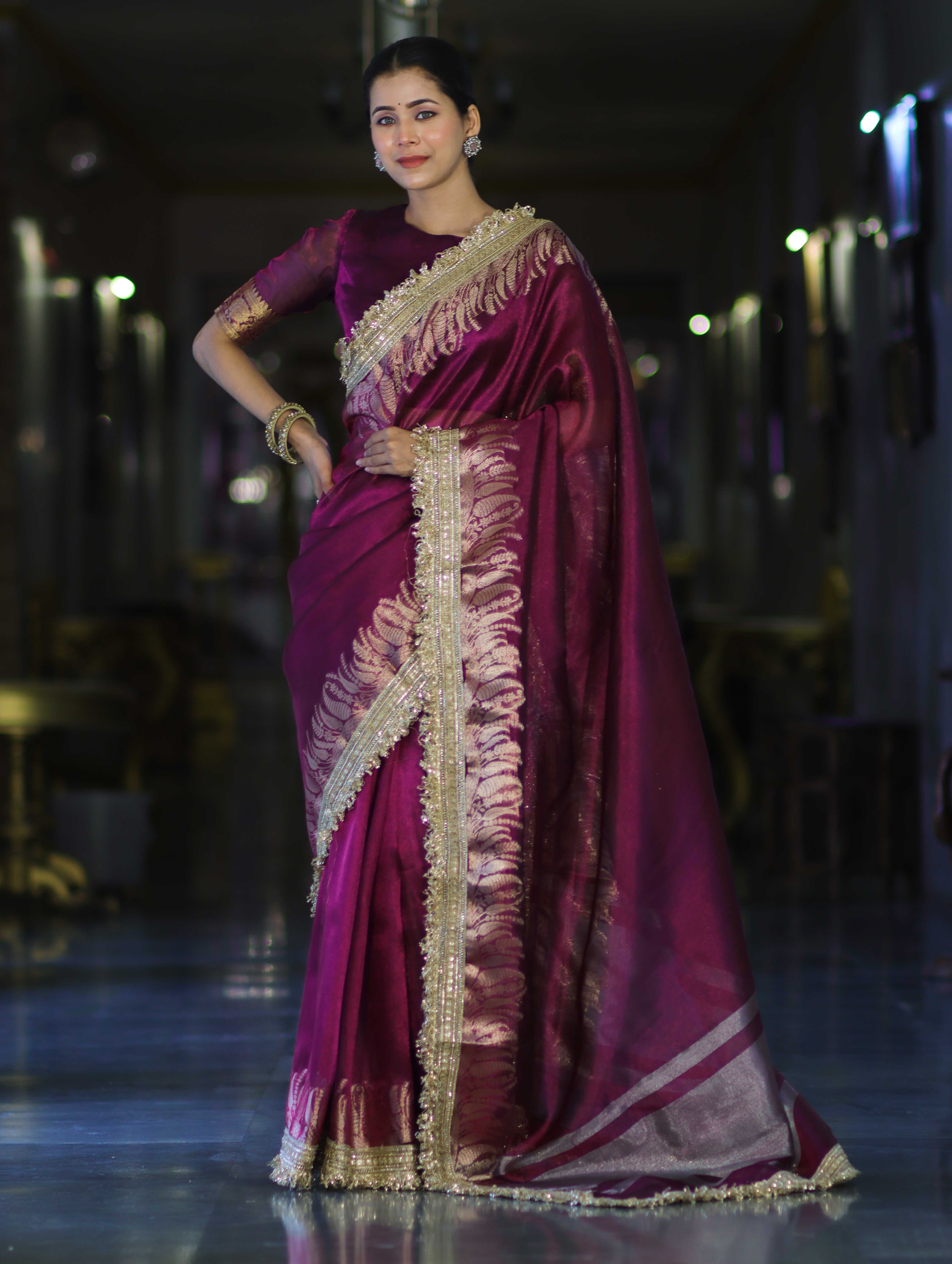 Banarasee Handloom Plain Tissue Saree With Zari Border & Lace-Purple
