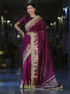 Banarasee Handloom Plain Tissue Saree With Zari Border & Lace-Purple
