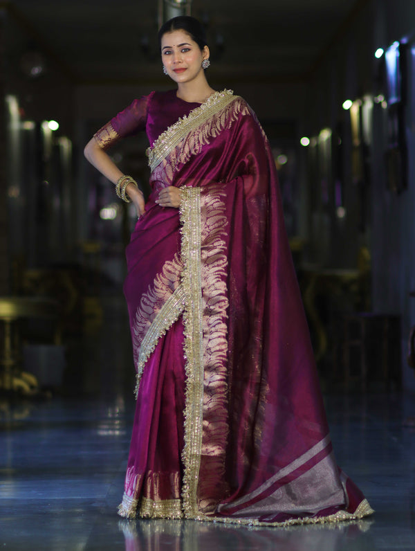 Banarasee Handloom Plain Tissue Saree With Zari Border & Lace-Purple