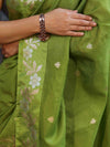 Banarasee Handloom Semi Silk Saree With Sona Rupa Zari Buti Design & Floral Border-Lime Green