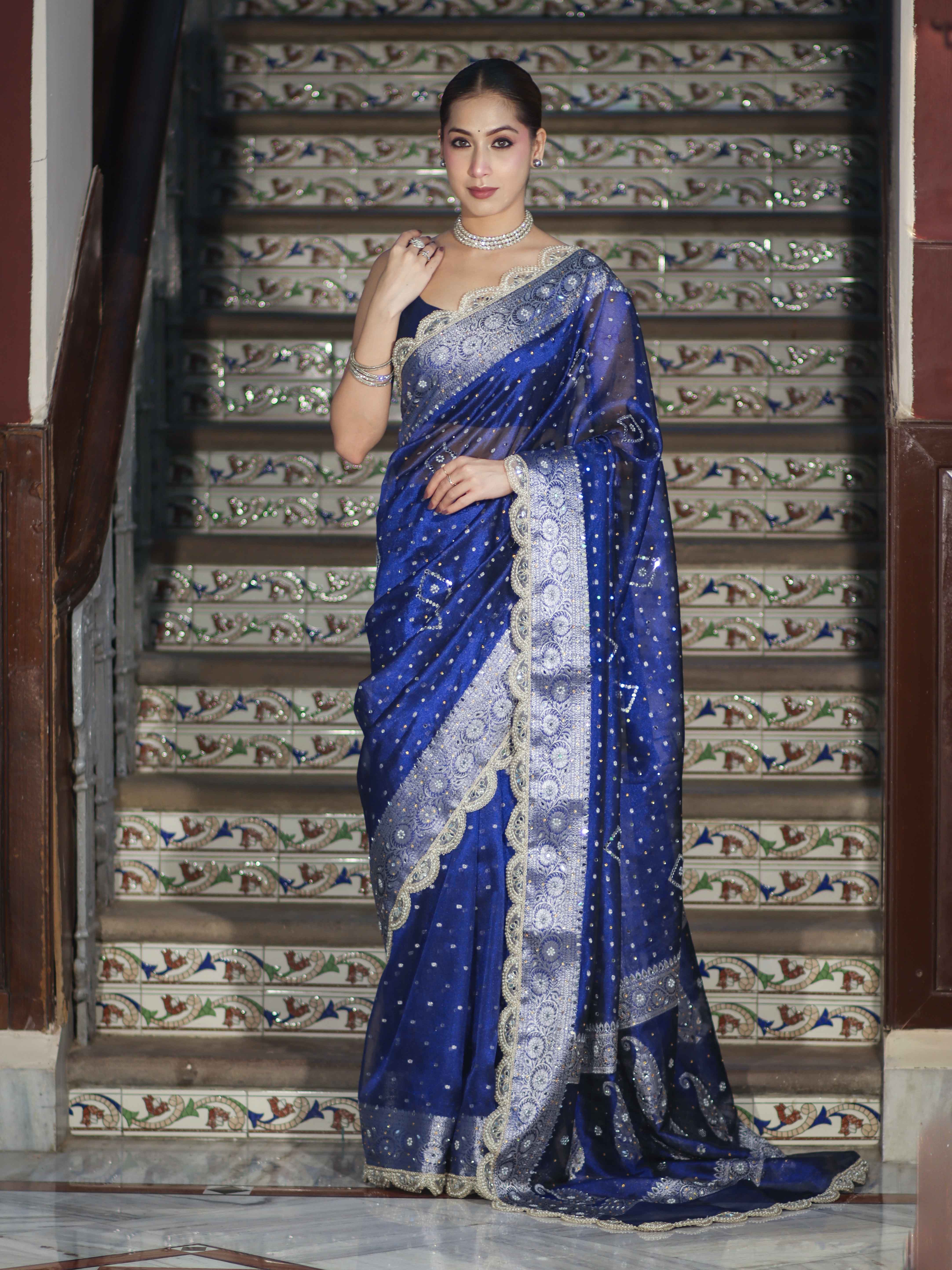 Banarasee Tissue Hand Embroidered Mirror Work Saree With Pearl Motifs & Swarovski Work-Blue