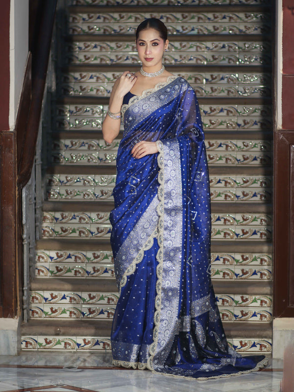 Banarasee Tissue Hand Embroidered Mirror Work Saree With Pearl Motifs & Swarovski Work-Blue