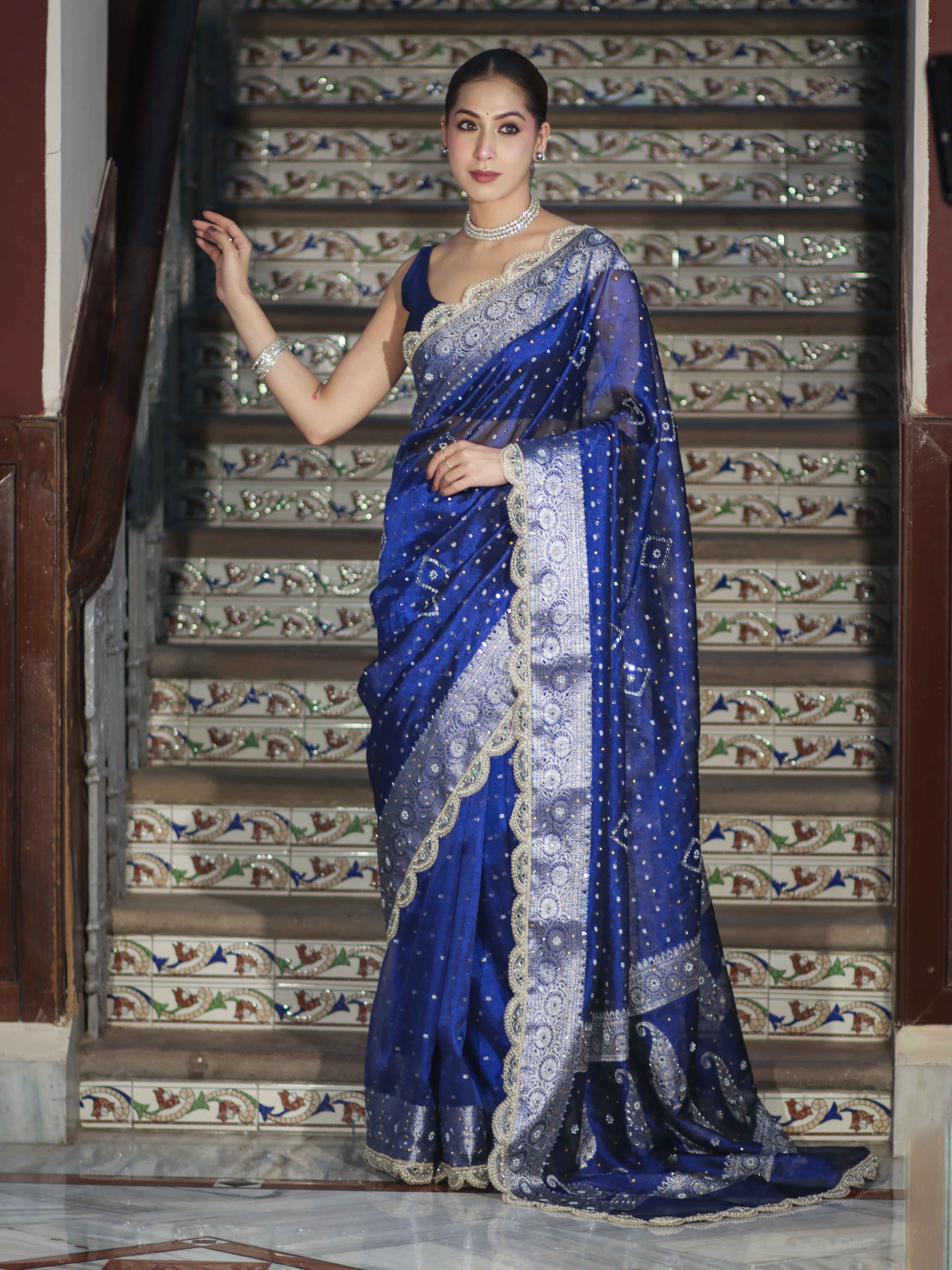 Banarasee Tissue Hand Embroidered Mirror Work Saree With Pearl Motifs & Swarovski Work-Blue